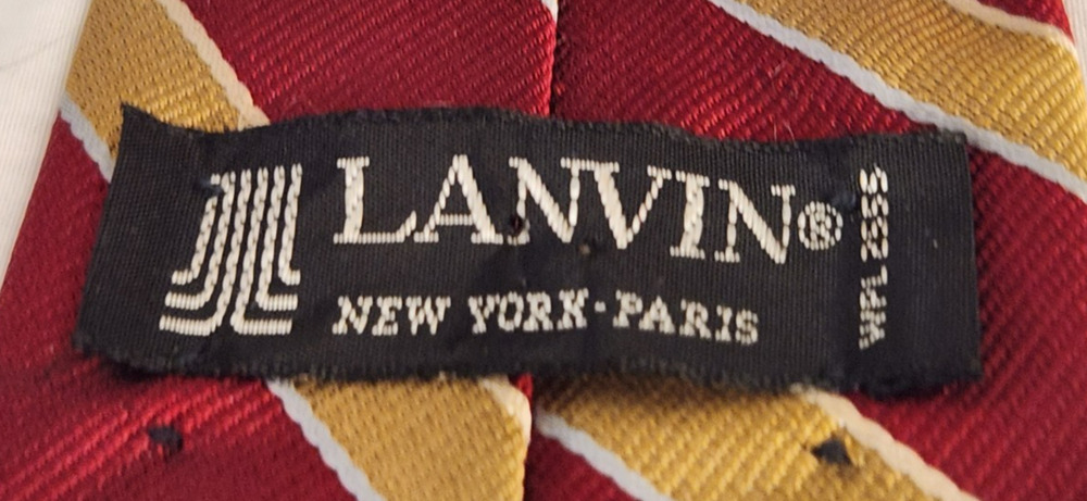 Mens Logo 100% Silk Lanvin New York-Paris Red/ Gold/White Striped Front Logo